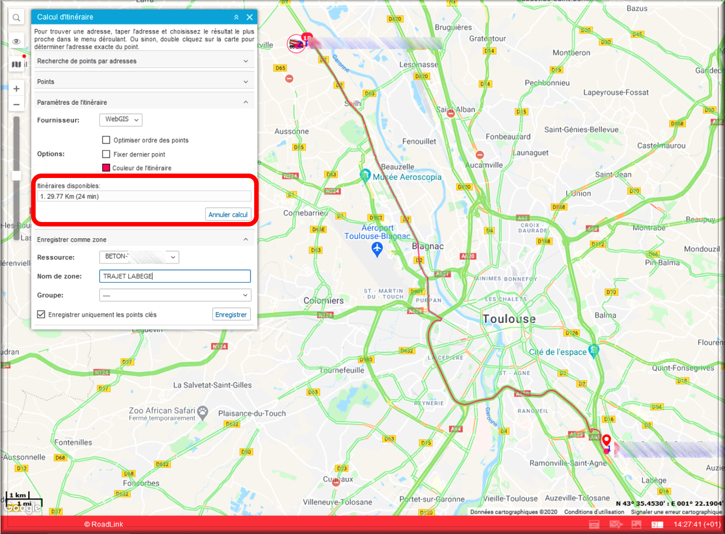 calcul itinéraire Road Link